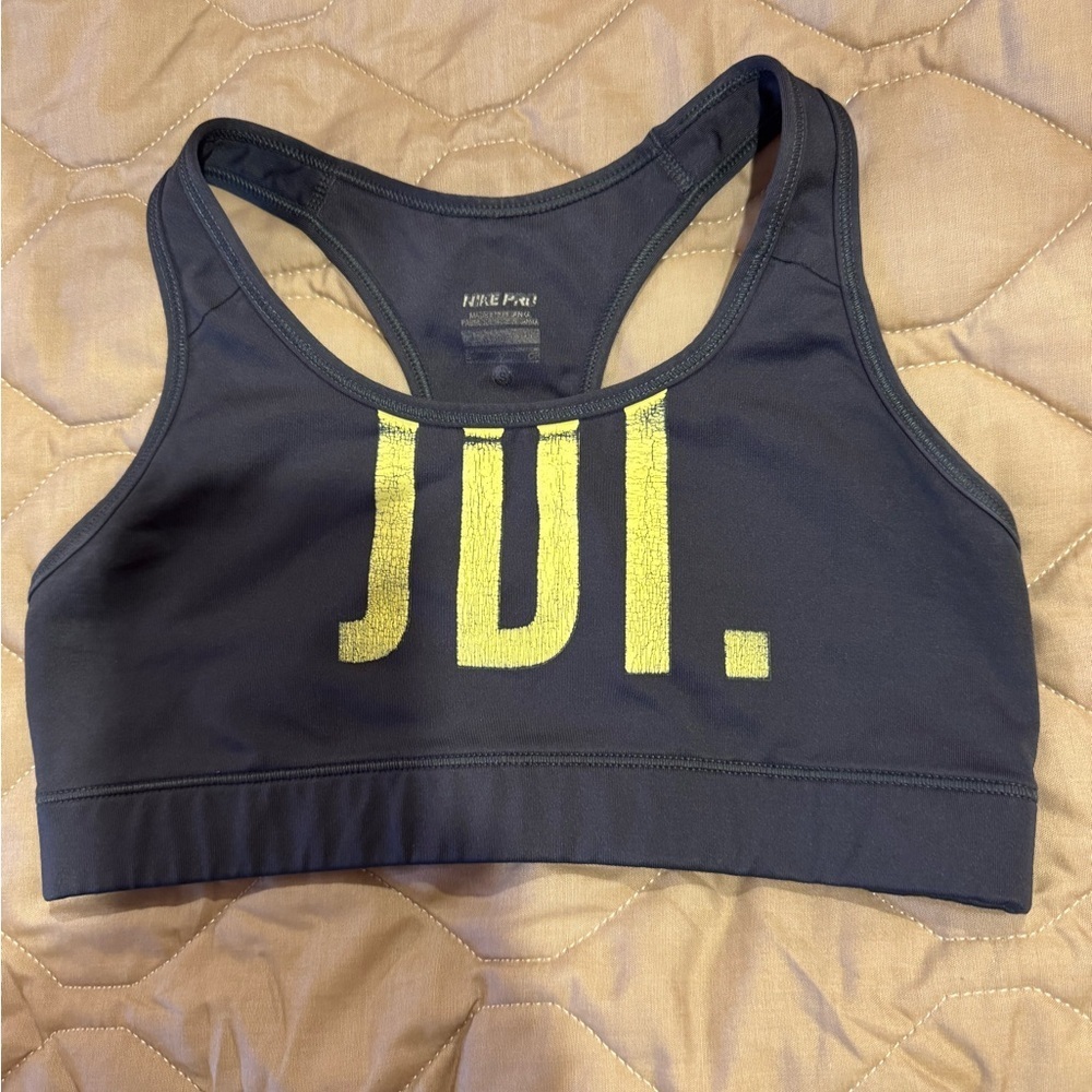 Nike Dri Fit Sports Bra Gray With Yellow Lettering Size Small